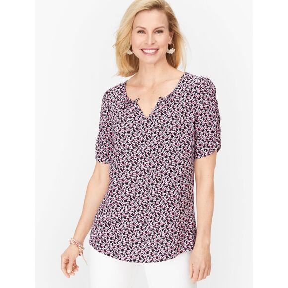 New Talbots Ditsy Playful Ruched Sleeve Top Black Pink Floral Button Front Sz 3X - Picture 1 of 9